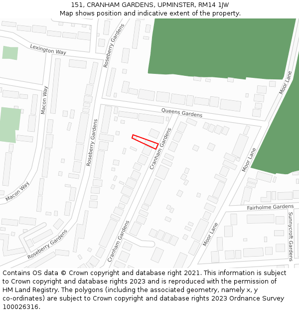 151, CRANHAM GARDENS, UPMINSTER, RM14 1JW: Location map and indicative extent of plot