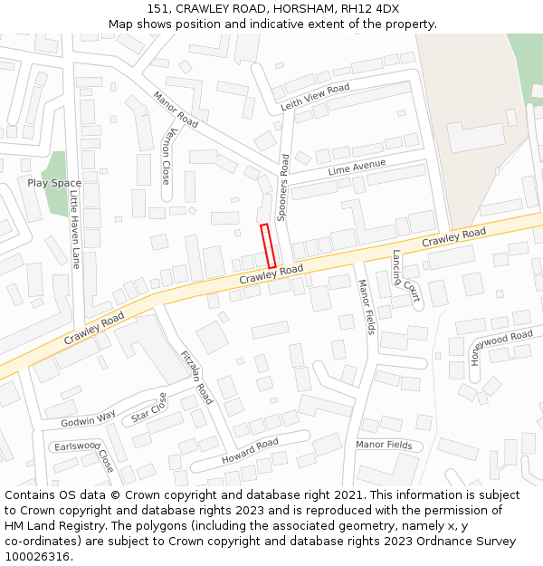 151, CRAWLEY ROAD, HORSHAM, RH12 4DX: Location map and indicative extent of plot