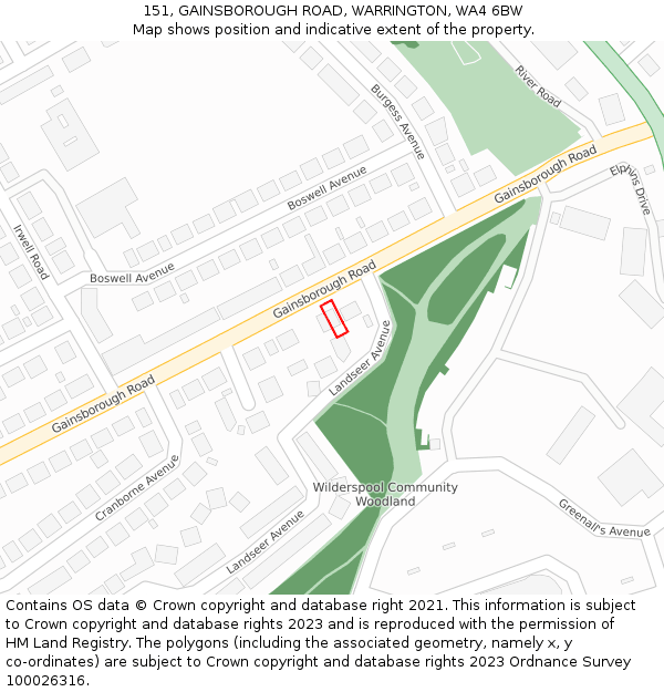 151, GAINSBOROUGH ROAD, WARRINGTON, WA4 6BW: Location map and indicative extent of plot