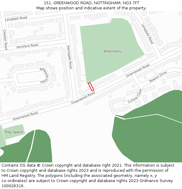 151, GREENWOOD ROAD, NOTTINGHAM, NG3 7FT: Location map and indicative extent of plot