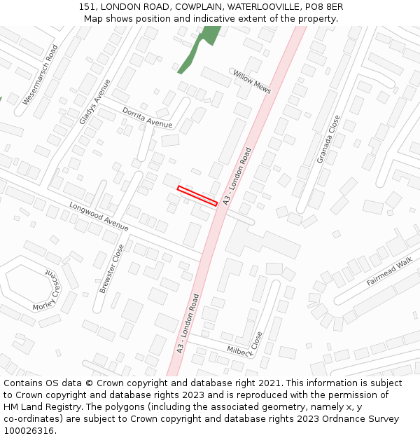 151, LONDON ROAD, COWPLAIN, WATERLOOVILLE, PO8 8ER: Location map and indicative extent of plot