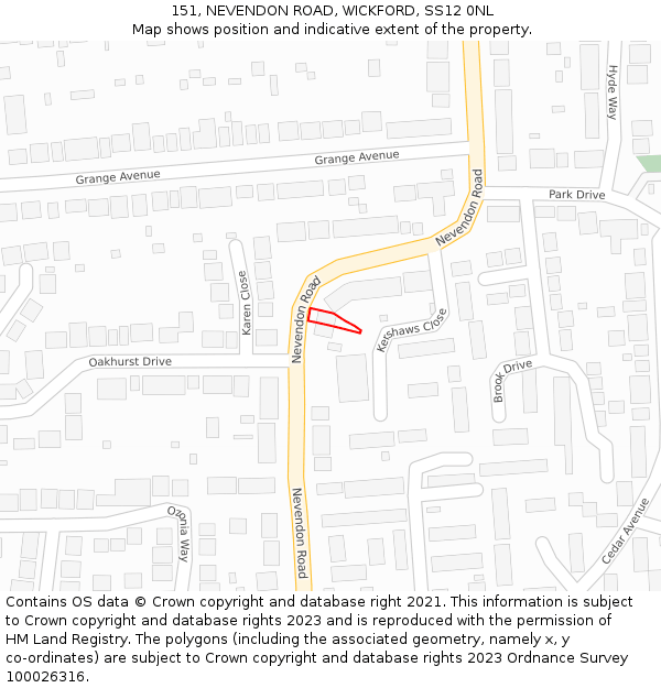 151, NEVENDON ROAD, WICKFORD, SS12 0NL: Location map and indicative extent of plot