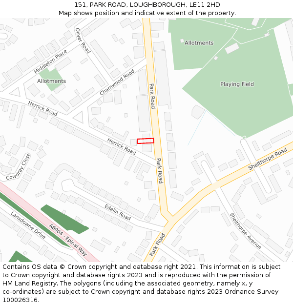 151, PARK ROAD, LOUGHBOROUGH, LE11 2HD: Location map and indicative extent of plot