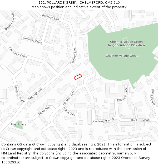 151, POLLARDS GREEN, CHELMSFORD, CM2 6UX: Location map and indicative extent of plot