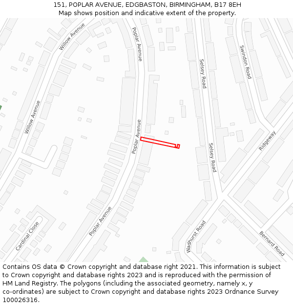 151, POPLAR AVENUE, EDGBASTON, BIRMINGHAM, B17 8EH: Location map and indicative extent of plot