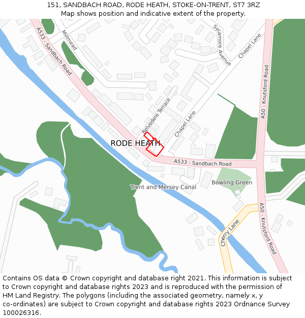 151, SANDBACH ROAD, RODE HEATH, STOKE-ON-TRENT, ST7 3RZ: Location map and indicative extent of plot