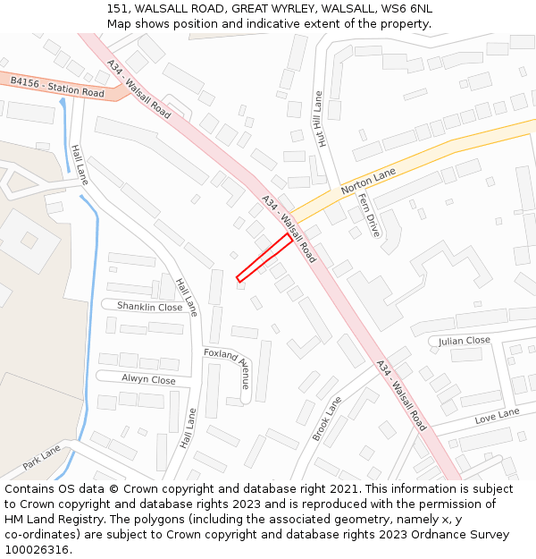 151, WALSALL ROAD, GREAT WYRLEY, WALSALL, WS6 6NL: Location map and indicative extent of plot