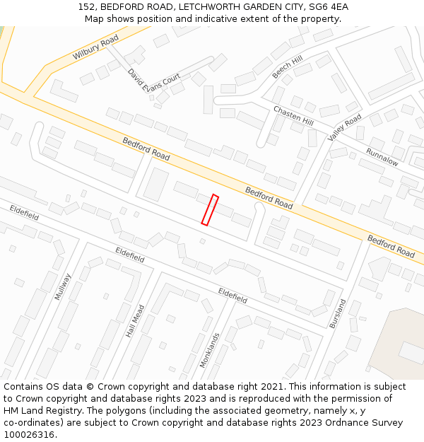 152, BEDFORD ROAD, LETCHWORTH GARDEN CITY, SG6 4EA: Location map and indicative extent of plot