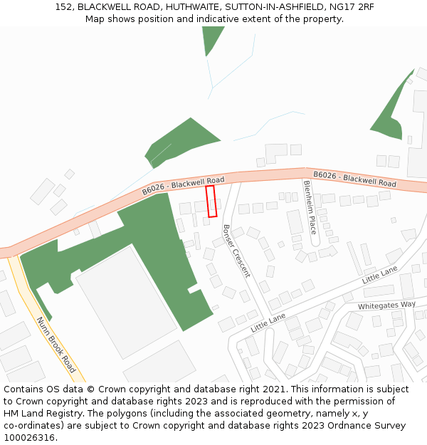 152, BLACKWELL ROAD, HUTHWAITE, SUTTON-IN-ASHFIELD, NG17 2RF: Location map and indicative extent of plot