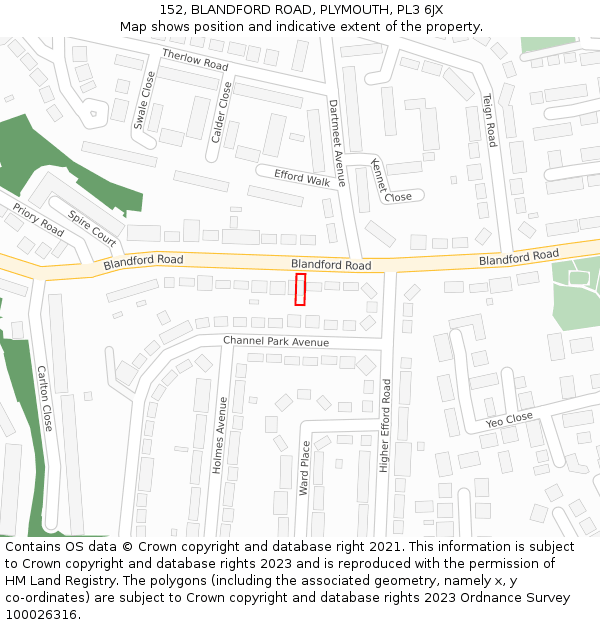 152, BLANDFORD ROAD, PLYMOUTH, PL3 6JX: Location map and indicative extent of plot