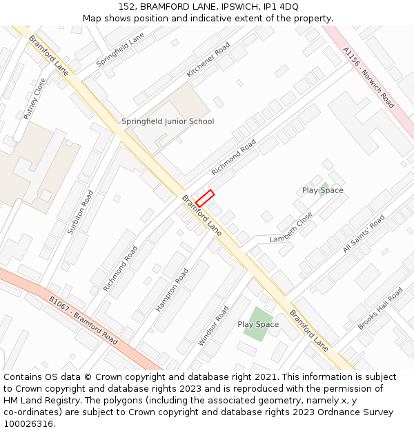 152, BRAMFORD LANE, IPSWICH, IP1 4DQ: Location map and indicative extent of plot