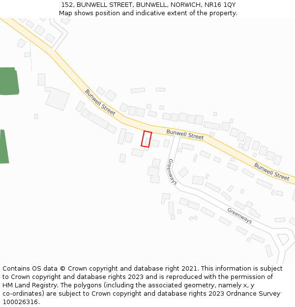 152, BUNWELL STREET, BUNWELL, NORWICH, NR16 1QY: Location map and indicative extent of plot