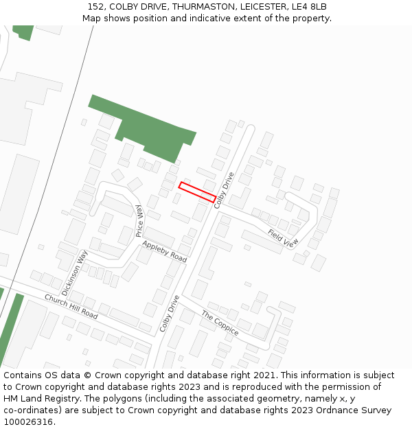 152, COLBY DRIVE, THURMASTON, LEICESTER, LE4 8LB: Location map and indicative extent of plot