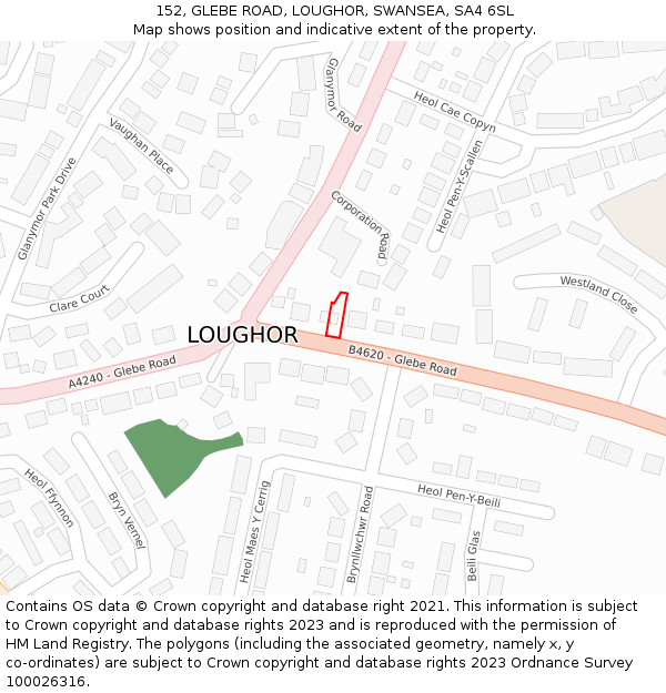 152, GLEBE ROAD, LOUGHOR, SWANSEA, SA4 6SL: Location map and indicative extent of plot