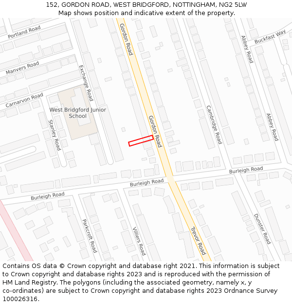 152, GORDON ROAD, WEST BRIDGFORD, NOTTINGHAM, NG2 5LW: Location map and indicative extent of plot