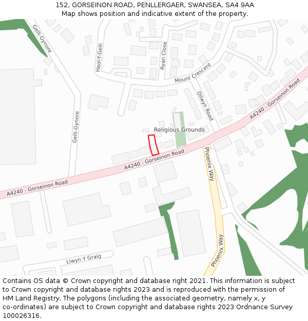 152, GORSEINON ROAD, PENLLERGAER, SWANSEA, SA4 9AA: Location map and indicative extent of plot