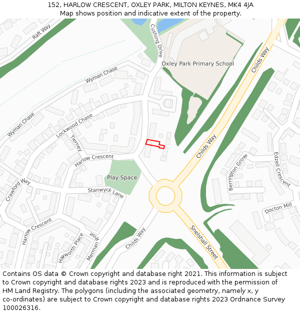 152, HARLOW CRESCENT, OXLEY PARK, MILTON KEYNES, MK4 4JA: Location map and indicative extent of plot