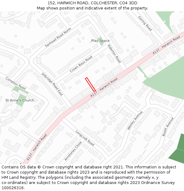 152, HARWICH ROAD, COLCHESTER, CO4 3DD: Location map and indicative extent of plot