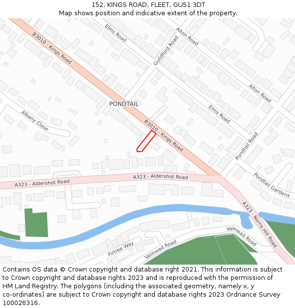 152, KINGS ROAD, FLEET, GU51 3DT: Location map and indicative extent of plot