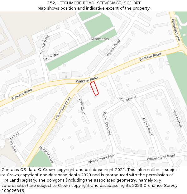 152, LETCHMORE ROAD, STEVENAGE, SG1 3PT: Location map and indicative extent of plot