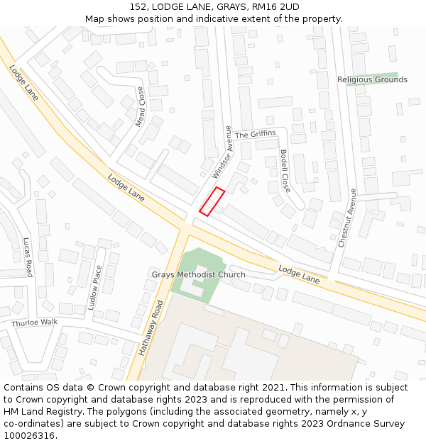 152, LODGE LANE, GRAYS, RM16 2UD: Location map and indicative extent of plot