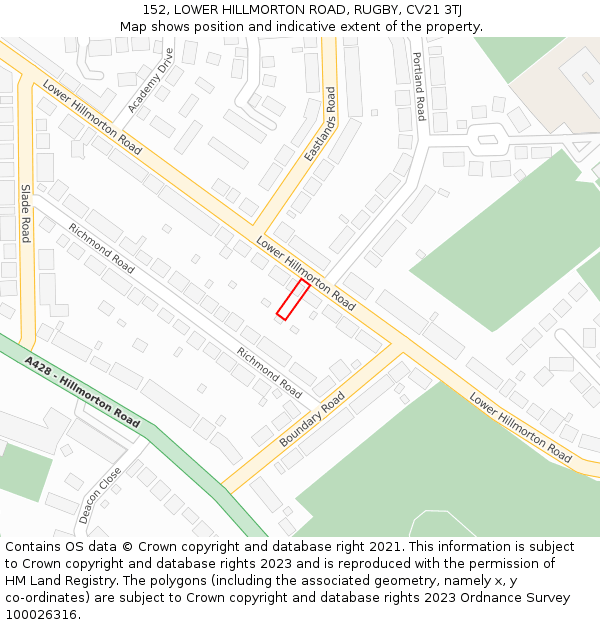 152, LOWER HILLMORTON ROAD, RUGBY, CV21 3TJ: Location map and indicative extent of plot