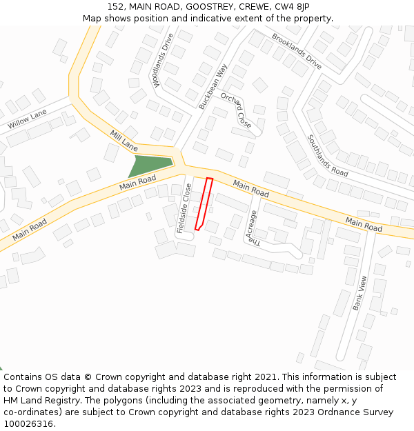 152, MAIN ROAD, GOOSTREY, CREWE, CW4 8JP: Location map and indicative extent of plot