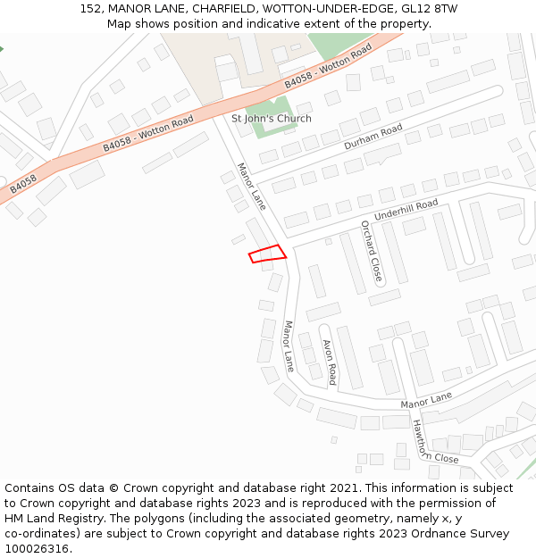 152, MANOR LANE, CHARFIELD, WOTTON-UNDER-EDGE, GL12 8TW: Location map and indicative extent of plot