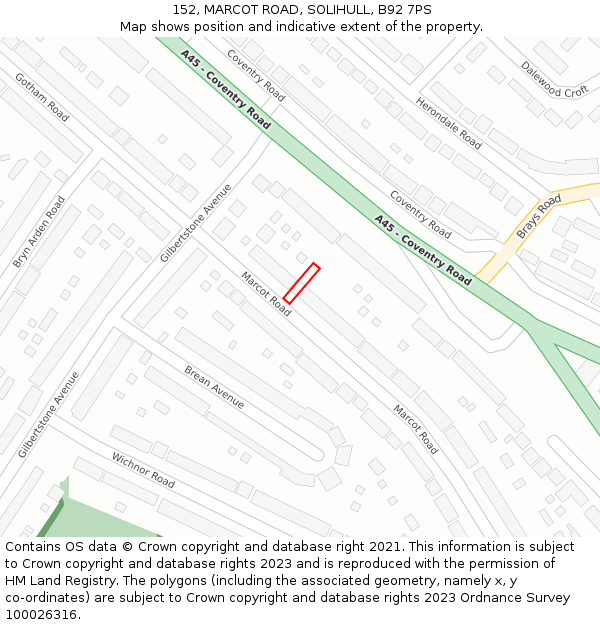 152, MARCOT ROAD, SOLIHULL, B92 7PS: Location map and indicative extent of plot