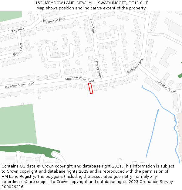 152, MEADOW LANE, NEWHALL, SWADLINCOTE, DE11 0UT: Location map and indicative extent of plot