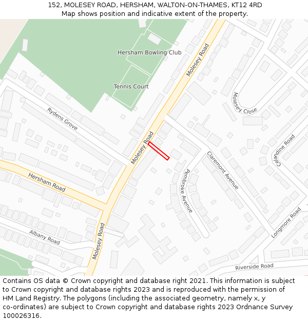 152, MOLESEY ROAD, HERSHAM, WALTON-ON-THAMES, KT12 4RD: Location map and indicative extent of plot