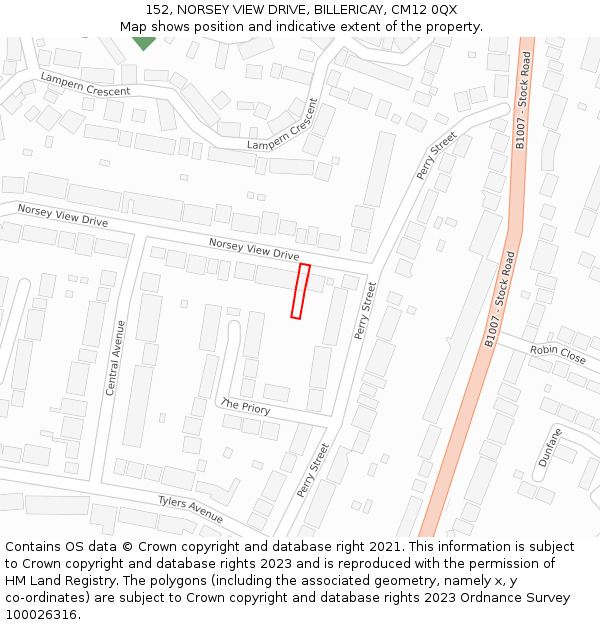 152, NORSEY VIEW DRIVE, BILLERICAY, CM12 0QX: Location map and indicative extent of plot