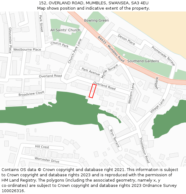 152, OVERLAND ROAD, MUMBLES, SWANSEA, SA3 4EU: Location map and indicative extent of plot