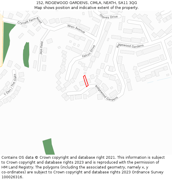 152, RIDGEWOOD GARDENS, CIMLA, NEATH, SA11 3QG: Location map and indicative extent of plot