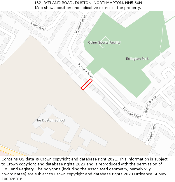 152, RYELAND ROAD, DUSTON, NORTHAMPTON, NN5 6XN: Location map and indicative extent of plot