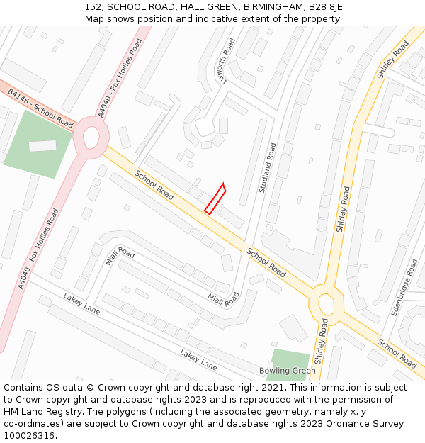 152, SCHOOL ROAD, HALL GREEN, BIRMINGHAM, B28 8JE: Location map and indicative extent of plot