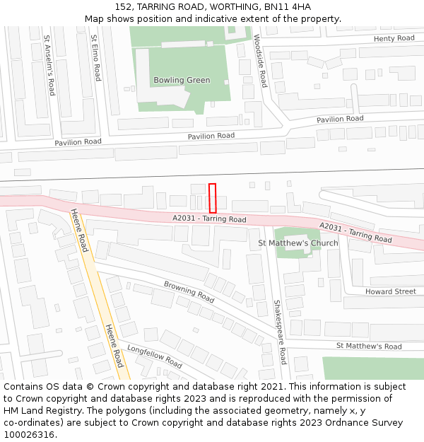 152, TARRING ROAD, WORTHING, BN11 4HA: Location map and indicative extent of plot