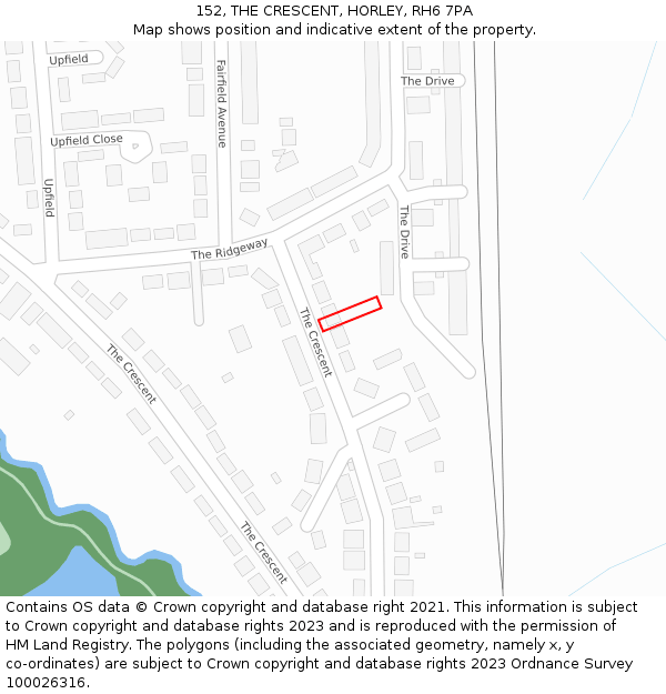 152, THE CRESCENT, HORLEY, RH6 7PA: Location map and indicative extent of plot