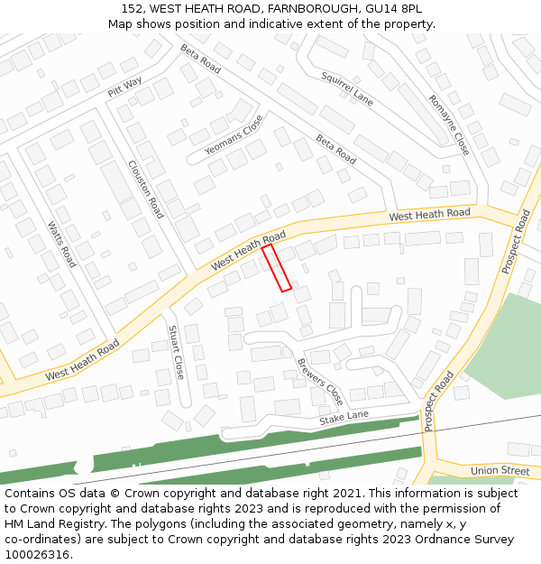 152, WEST HEATH ROAD, FARNBOROUGH, GU14 8PL: Location map and indicative extent of plot