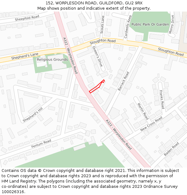 152, WORPLESDON ROAD, GUILDFORD, GU2 9RX: Location map and indicative extent of plot