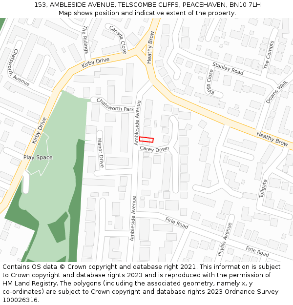 153, AMBLESIDE AVENUE, TELSCOMBE CLIFFS, PEACEHAVEN, BN10 7LH: Location map and indicative extent of plot