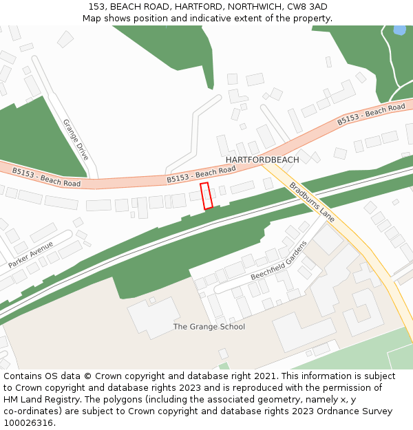 153, BEACH ROAD, HARTFORD, NORTHWICH, CW8 3AD: Location map and indicative extent of plot