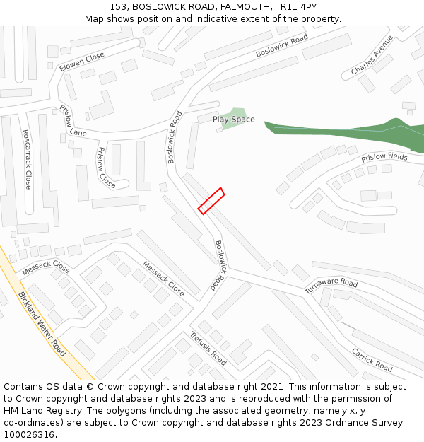 153, BOSLOWICK ROAD, FALMOUTH, TR11 4PY: Location map and indicative extent of plot