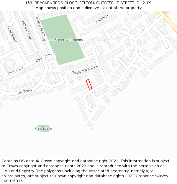 153, BRACKENBEDS CLOSE, PELTON, CHESTER LE STREET, DH2 1XL: Location map and indicative extent of plot