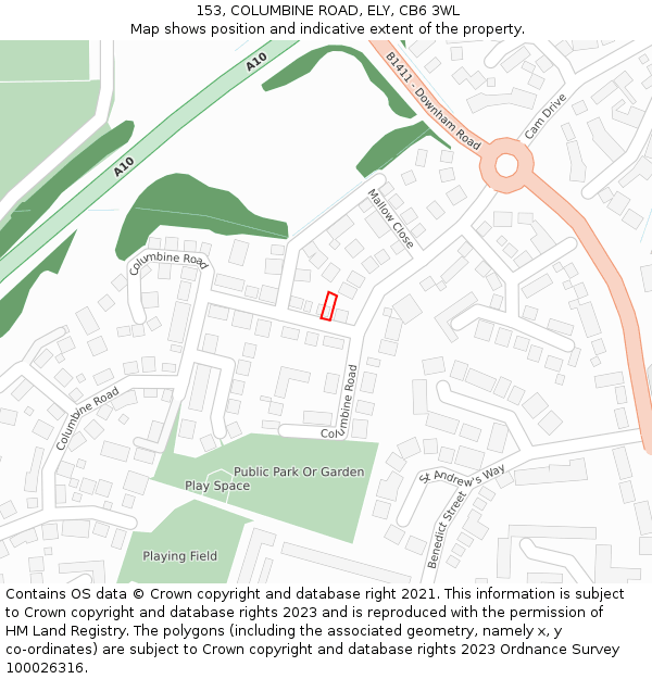 153, COLUMBINE ROAD, ELY, CB6 3WL: Location map and indicative extent of plot