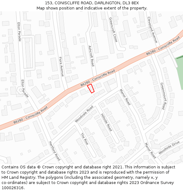 153, CONISCLIFFE ROAD, DARLINGTON, DL3 8EX: Location map and indicative extent of plot