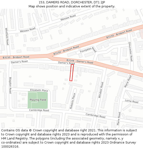 153, DAMERS ROAD, DORCHESTER, DT1 2JP: Location map and indicative extent of plot