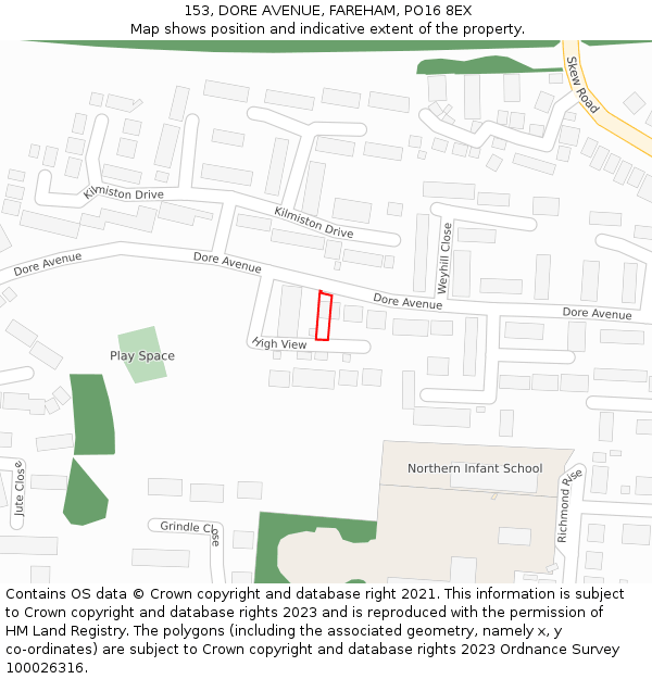 153, DORE AVENUE, FAREHAM, PO16 8EX: Location map and indicative extent of plot