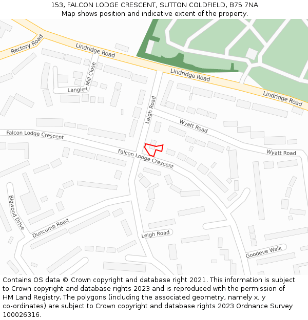 153, FALCON LODGE CRESCENT, SUTTON COLDFIELD, B75 7NA: Location map and indicative extent of plot