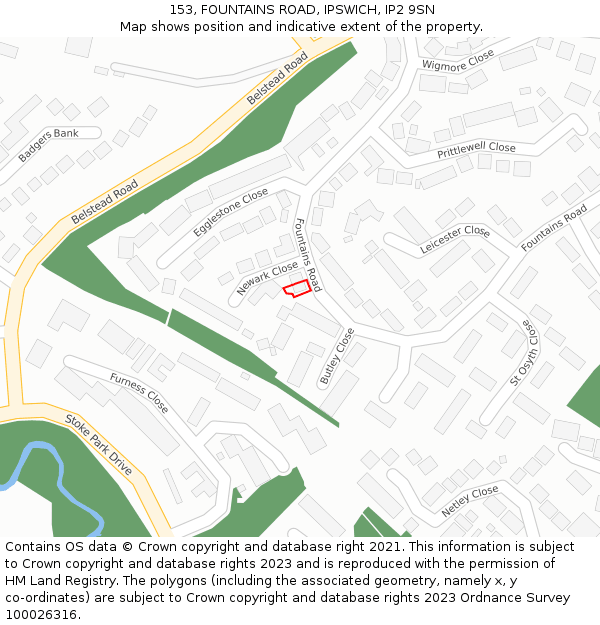 153, FOUNTAINS ROAD, IPSWICH, IP2 9SN: Location map and indicative extent of plot